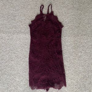 Lace high neck free people dress in maroon.
